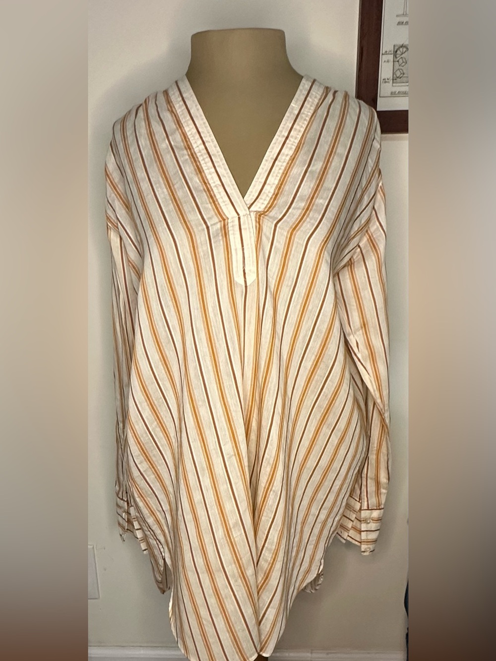 Helmut Lang Cream Orange White Brown Striped V-Neck Tunic Top Cotton Silk Blend